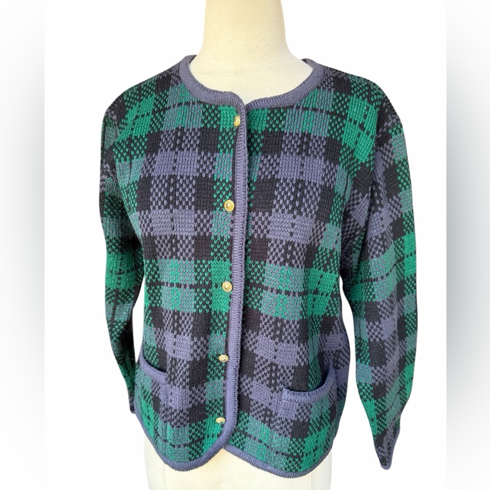 Late 1980s/90s Crystal-Kobe Oversized 100% Acrylic Tartan Plaid Cardigan